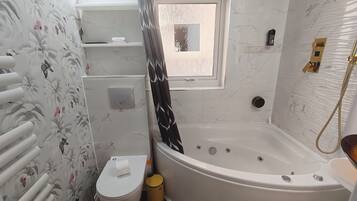 Hair dryer, towels, soap, toilet paper