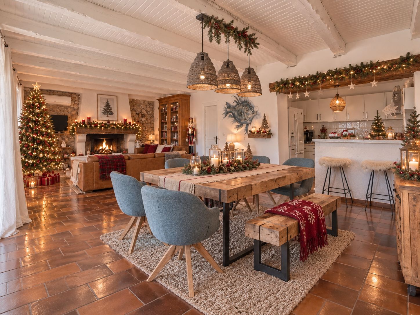 A cozy, well-lit dining area with a wooden table, chairs, and a bench. A Christmas tree and festive decorations are visible in the background.