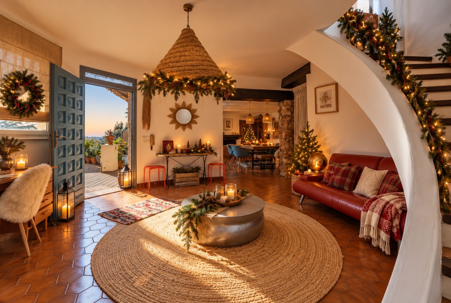 Ein gemütliches Wohnzimmer mit Kamin, Essbereich und einer weihnachtlich geschmückten Treppe.