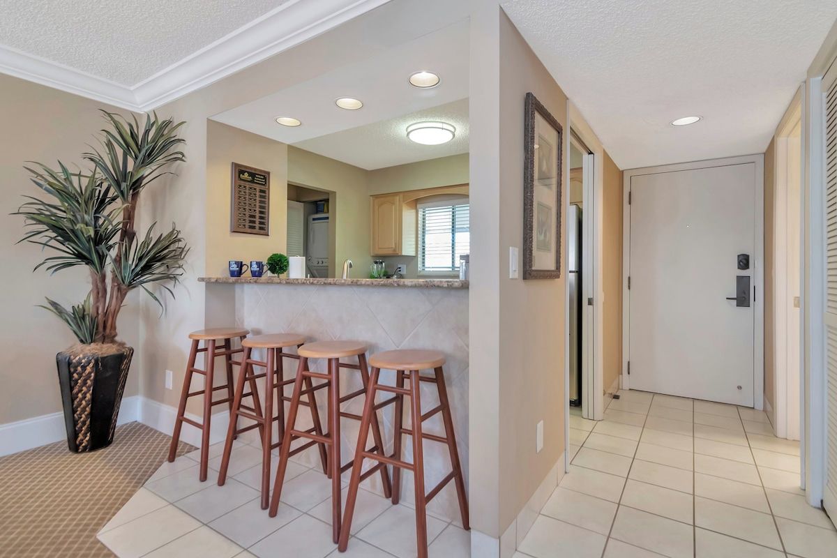 A modern kitchen with a bar area, a potted plant, and a door leading to another room.