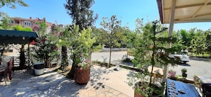 Un patio con plantas en macetas, mobiliario exterior y vista a la calle.