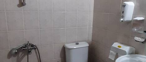 Et badeværelse med toilet, vask og bruser.