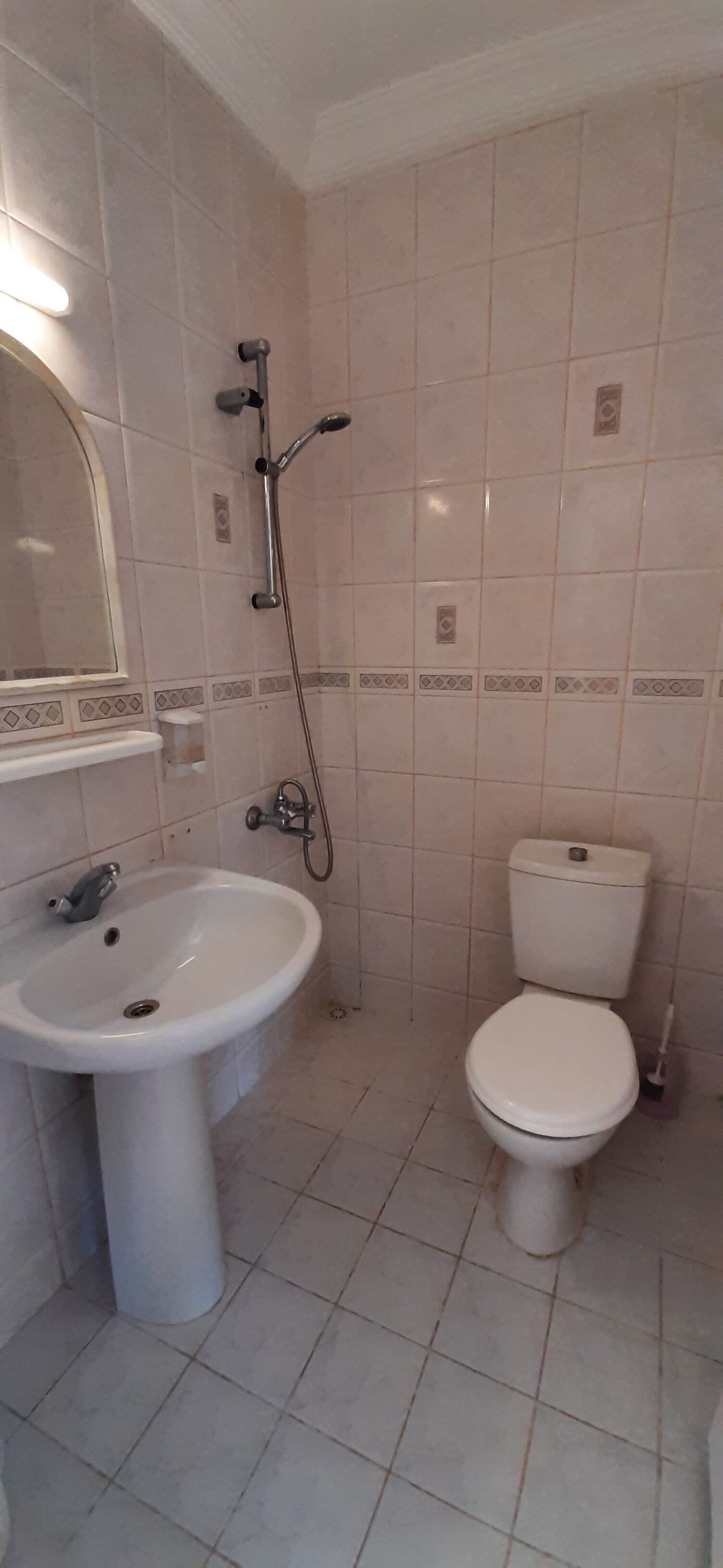 A bathroom with a sink, toilet, and shower.