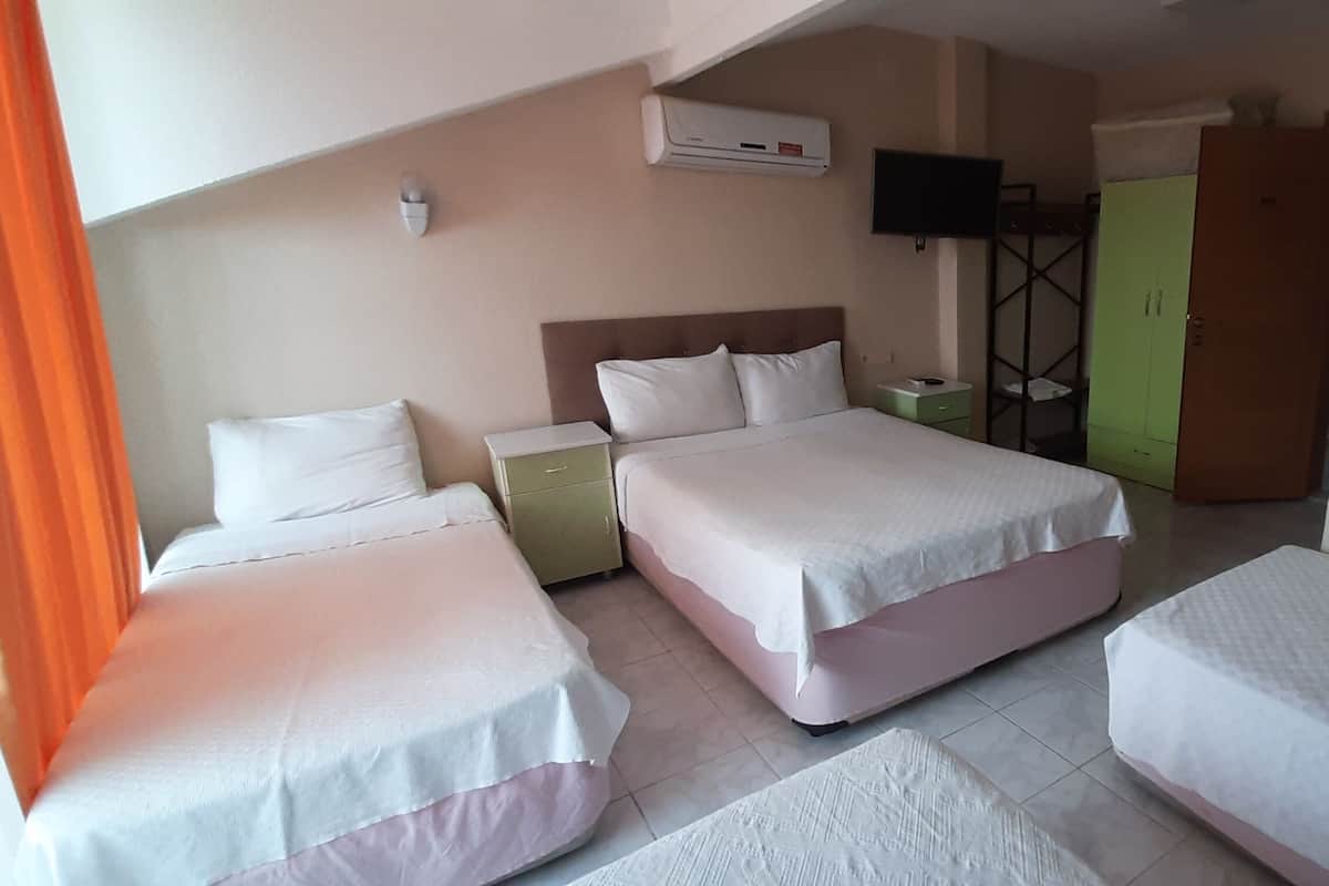 Una habitación de hotel con tres camas, televisión, aire acondicionado y armario.