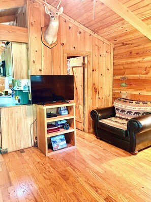 Ein Holzinterieur mit einem Fernseher auf einem Standfuß, einem Ledersofa und einem an der Wand befestigten Hirschkopf.