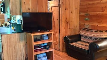 Een houten interieur met een gevulde hertenkop aan de muur, een flatscreen televisie op een houten standaard, een leren bank en een patroonkleed over de bank.