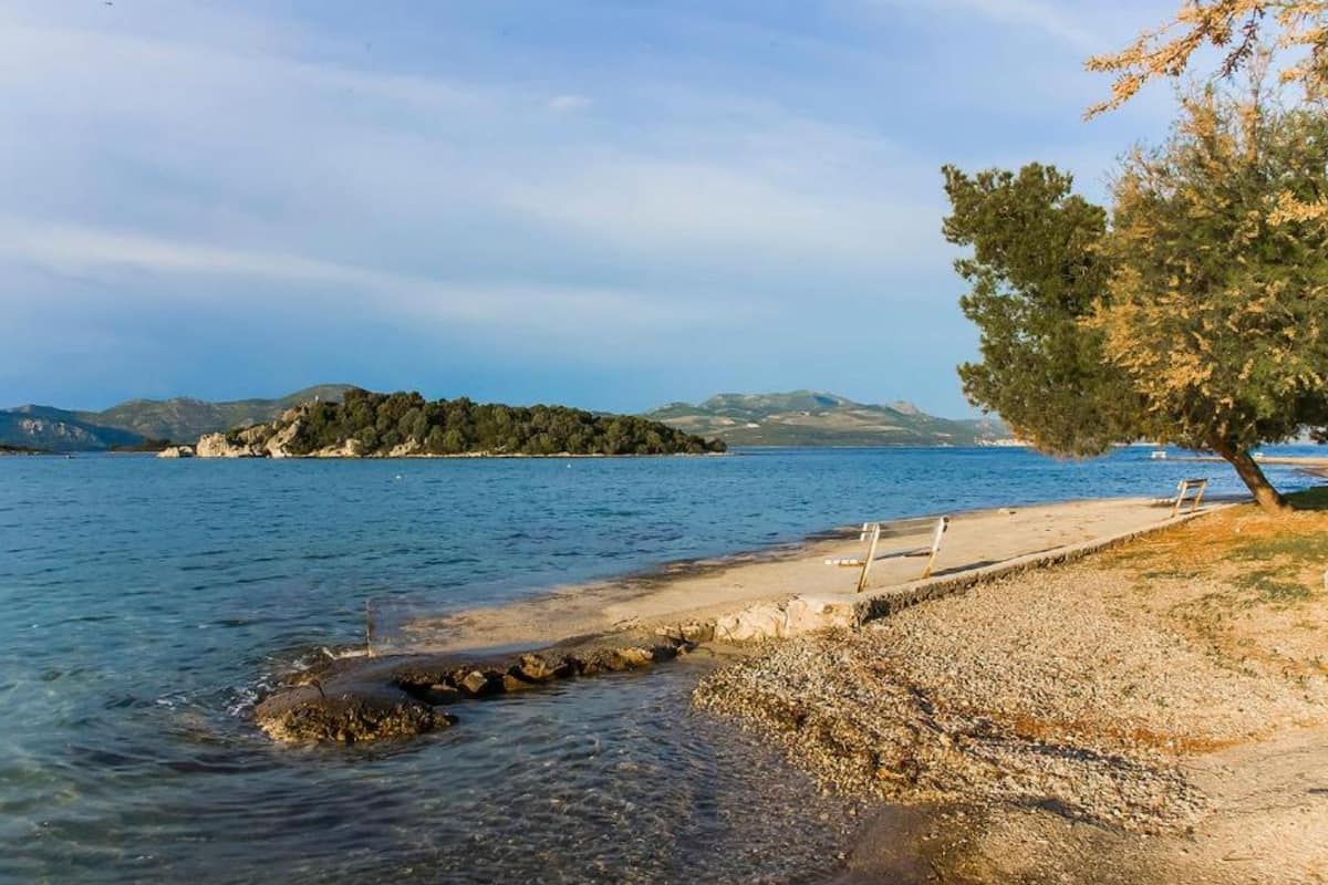 A coastal scene with a pebble beach, a wooden walkway, and a tree.