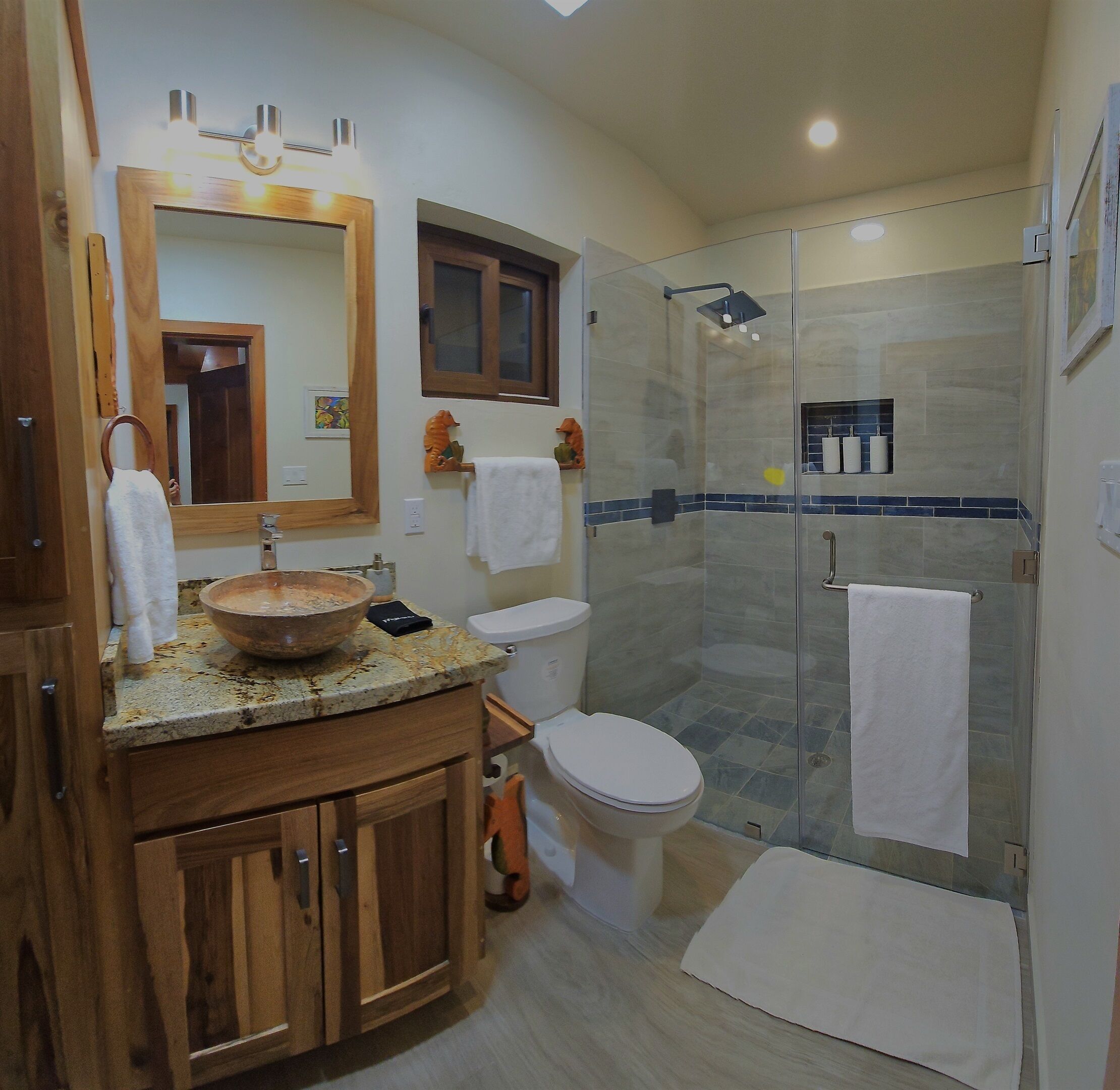 Shower, jetted tub, hair dryer, towels