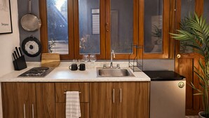 A kitchen with wooden cabinets, a stainless steel sink, a window with a view, and a potted plant. - Bowra Orquideas (Zapopan)
