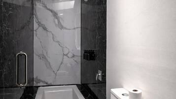 Comfort Apartment, 2 Queen Beds, Patio | Bathroom | Shower, hair dryer, slippers, towels