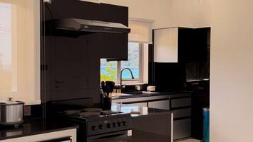 A modern kitchen with a stove, sink, and black cabinets.