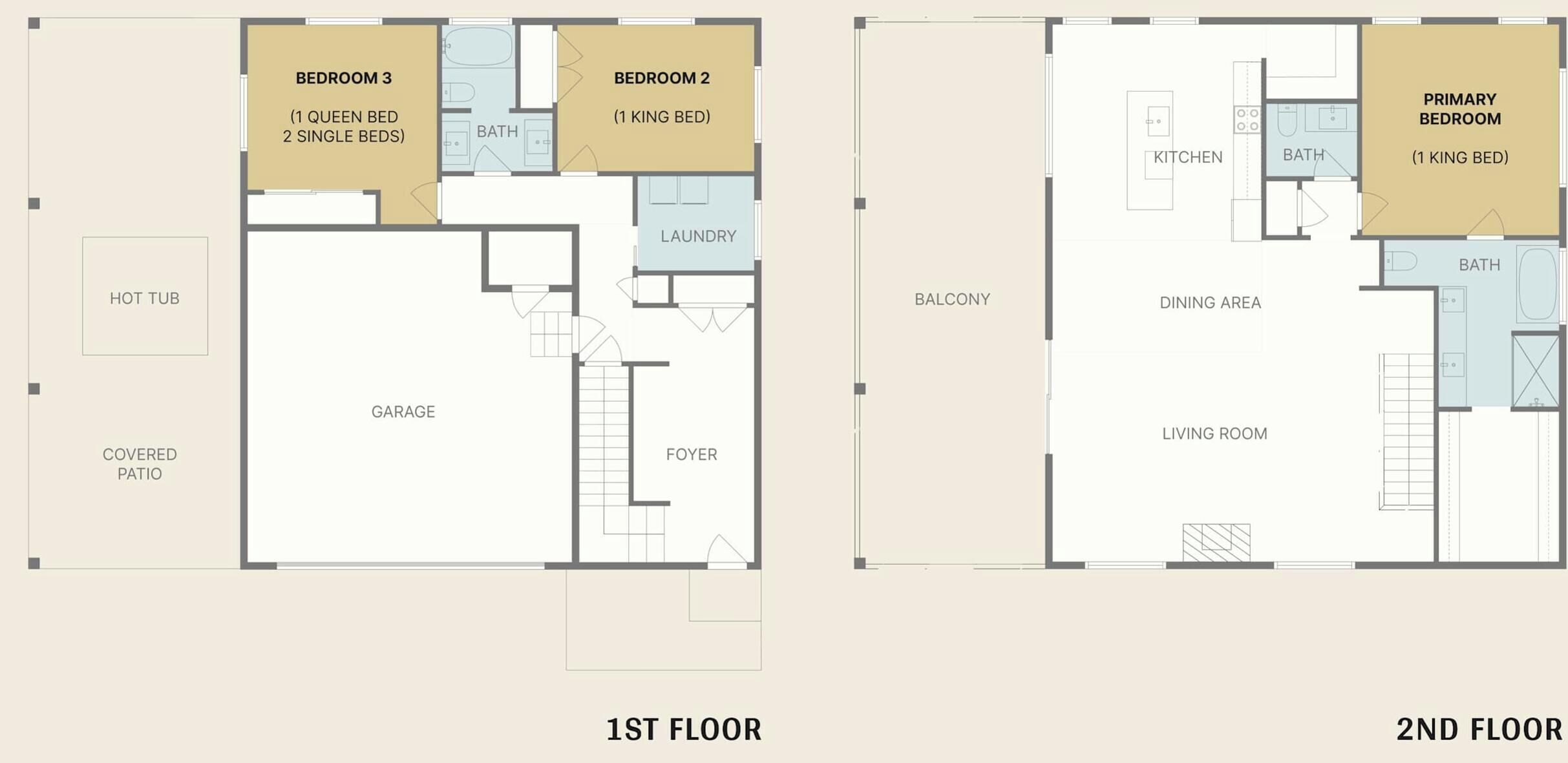 A 1st floor layout with 3 bedrooms, a hot tub, covered patio, garage, and foyer.