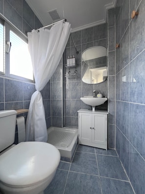 A bathroom with a shower, toilet, sink, and a mirror. - Bright apartment in Ruzafa near the Roig Arena and CAC | Sleeps up to 7 (1 bathroom) (València)