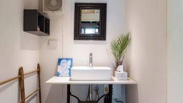Une salle de bain avec un lavabo blanc, un miroir, un radiateur, un distributeur de serviettes et une plante.