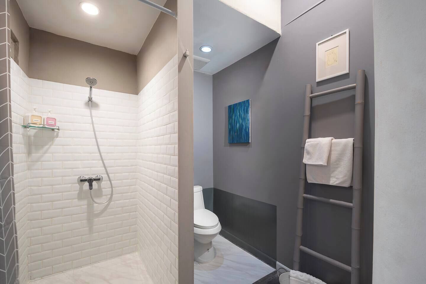 Hair dryer, towels, soap, shampoo