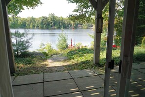 Blick von einer überdachten Veranda auf einen See mit Bäumen und einem Steg.