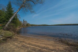Ein See mit sandigem Ufer, Bäumen und blauem Himmel.