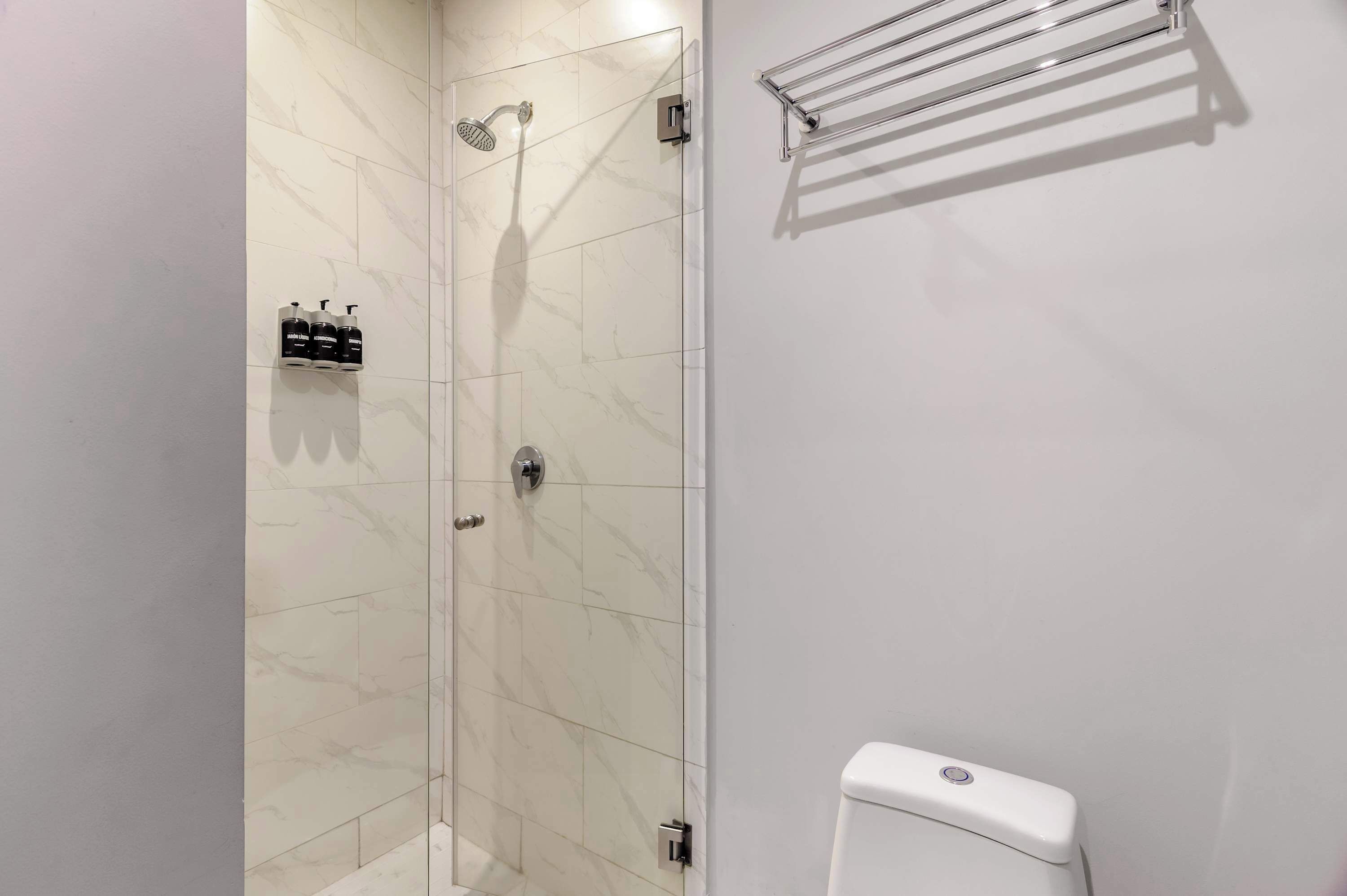 Un baño con ducha de vidrio, inodoro y perchero para toallas.