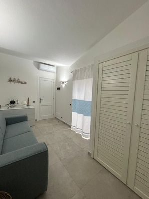 A room with a sofa, a wardrobe, a door, and a curtain.