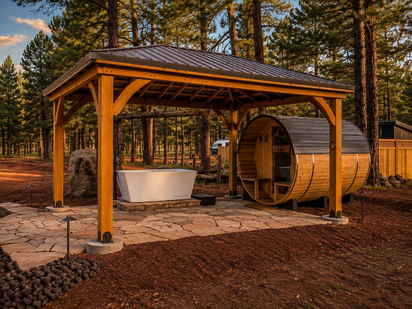 Un quiosco de madera con una bañera y una estructura de forma de barril en un entorno forestal.
