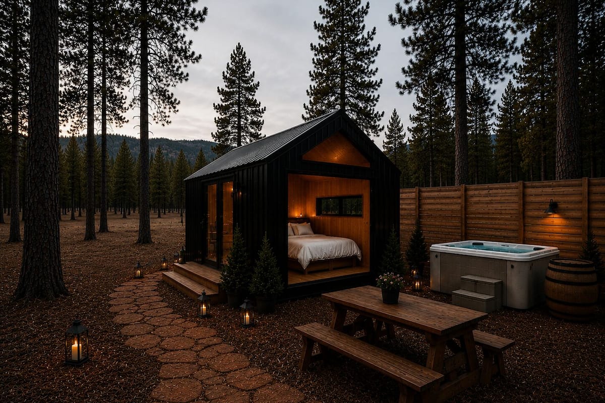 A cabin with a bed, a hot tub, and a wooden deck.