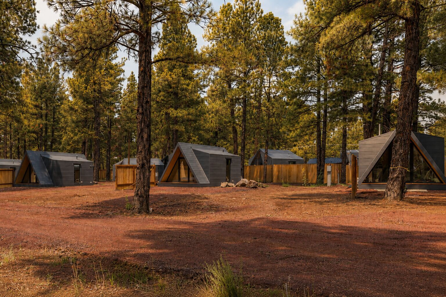 A series of modern, triangular-roofed cabins surrounded by tall pine trees in a forested area.