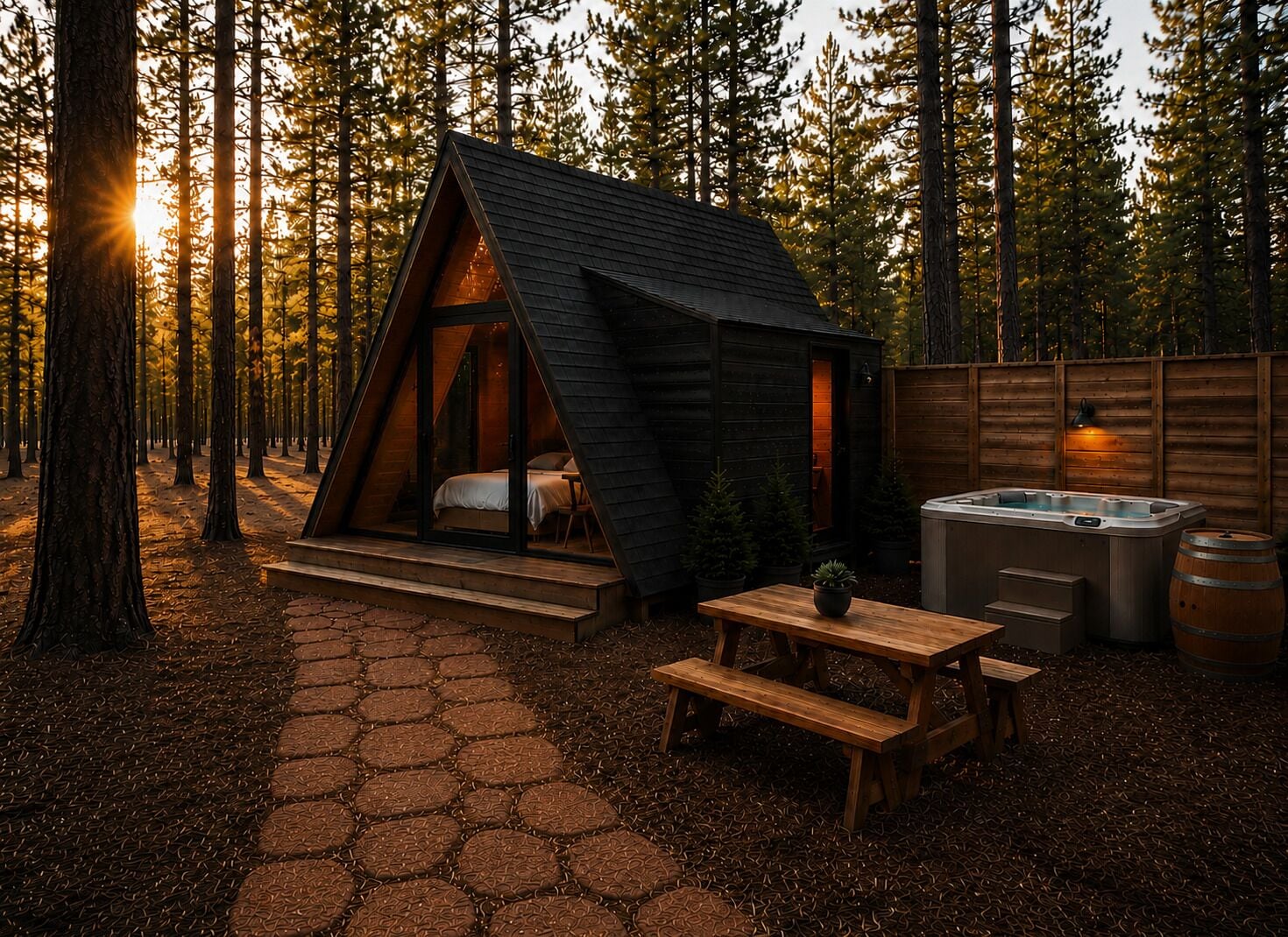 A cabin with a triangular roof, a hot tub, and a wooden table in a forest.