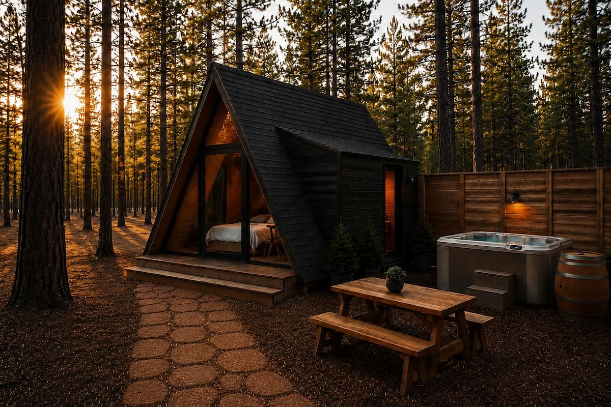 A cabin with a triangular roof, a hot tub, and a wooden table in a forest.