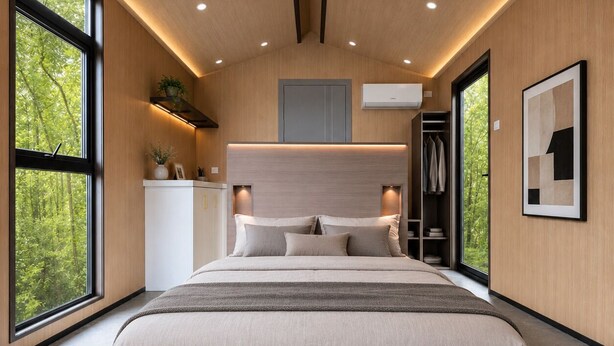 A modern bedroom with a large bed, built-in wardrobe, and a view of greenery. - Ponderosa Pines Resort (Parks)