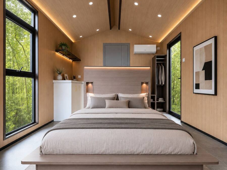 A modern bedroom with a large bed, built-in wardrobe, and a view of greenery.