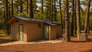 A small, single-story cabin with a sloped roof, a front door, and a small porch area. - Ponderosa Pines Resort (Parks)
