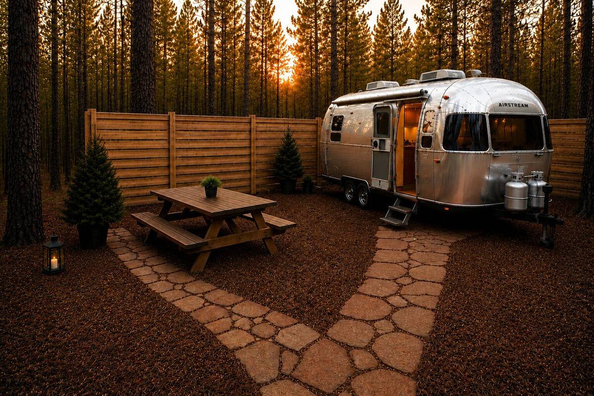 Metsäinen alue, jossa on puinen piknikpöytä, pieni joulukuusi ja hopeanvärinen AIRSTREAM-matkavaunu.