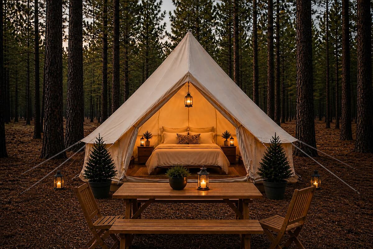 A tented accommodation with a bed, bedside tables, and a table with chairs in a forest setting.