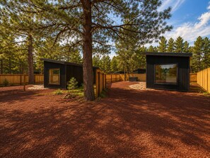 Una cabaña moderna con un sendero de piedra que lleva a una terraza de madera, rodeada de un bosque.