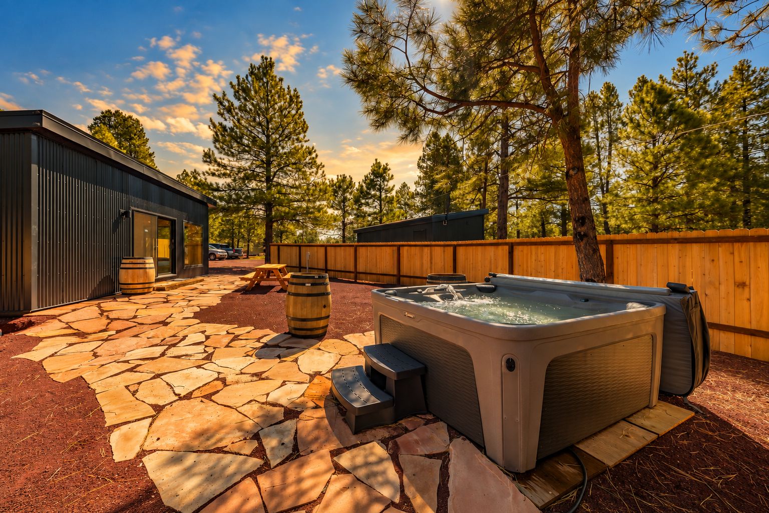 Un espace extérieur aménagé avec un jacuzzi, un sol en pierre, des tonneaux en bois et une clôture en bois.