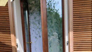 A wooden door with a glass panel, a doormat, and a wooden shutter on the right. - In the shade of a beech tree: An oasis of tranquility just a few minutes from the lake (Miasino)