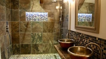 Hair dryer, towels, soap, shampoo