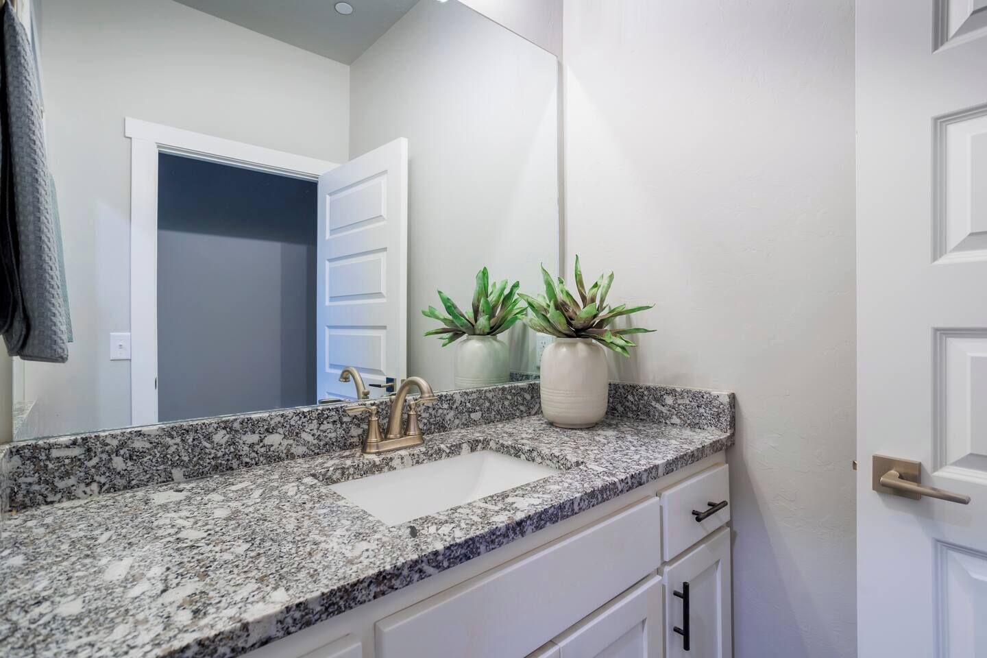 A bathroom with a granite countertop, a white sink, a gold faucet, and a potted plant.