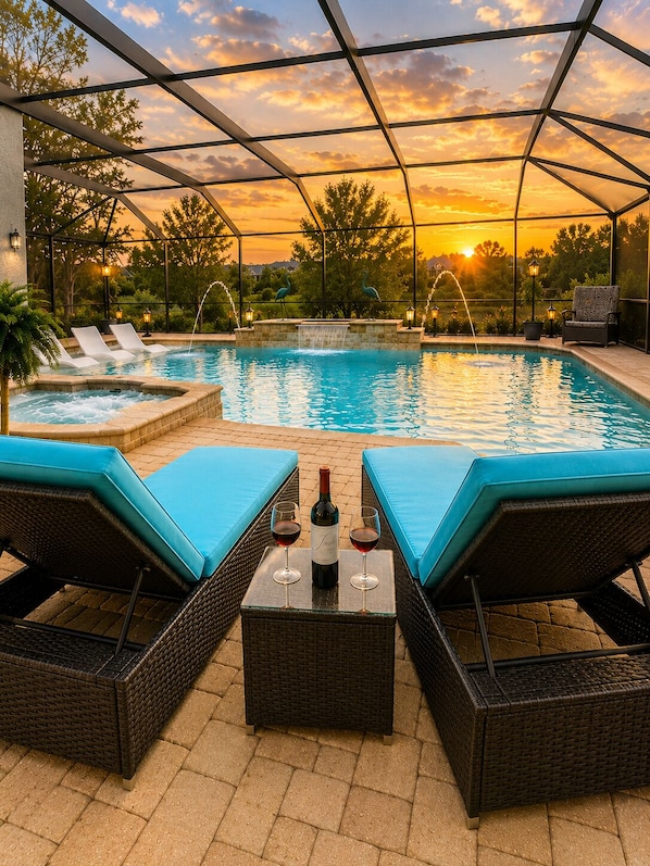 Ein Außenpoolbereich mit Liegestühlen, einem Tisch mit Flasche und Gläsern sowie Blick auf einen Sonnenuntergang.