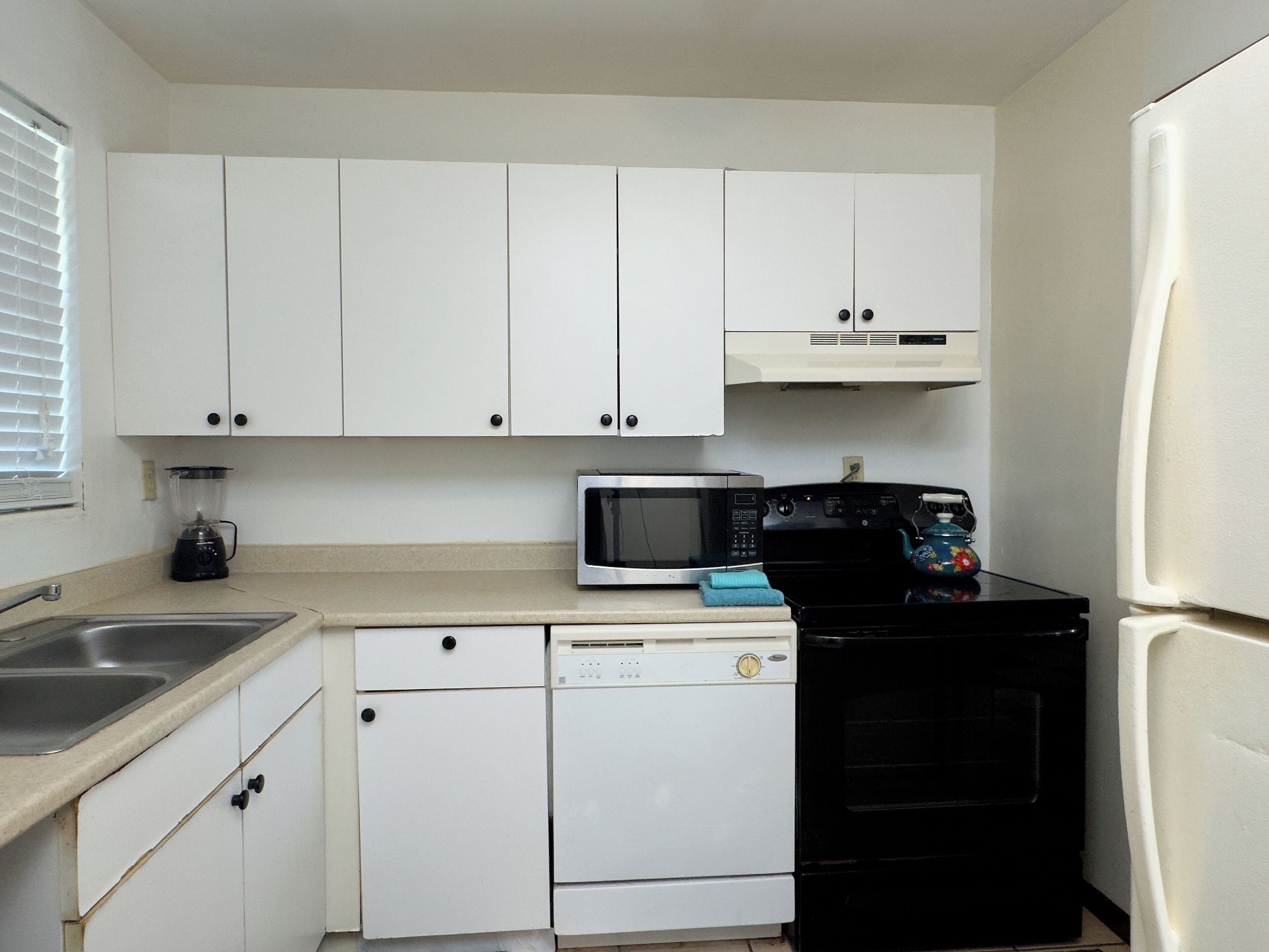 A compact kitchen with white cabinets, a microwave, a black oven, and a dishwasher.