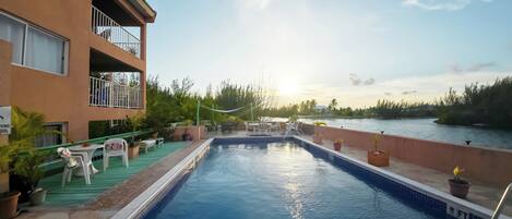 Une piscine avec vue sur une rivière, entourée de plantes en pot et de mobilier d’extérieur.