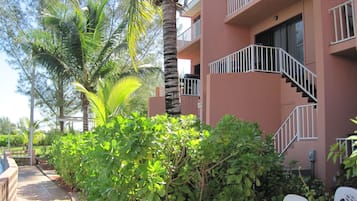 A multi-story building with balconies, a palm tree, and a pathway leading to outdoor seating.