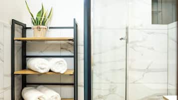 Ducha, secador de pelo, toallas y papel higiénico