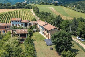 A rural house with a garden, solar panels, and a vineyard in the background.