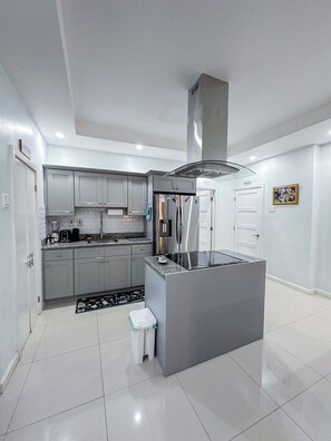 A modern kitchen with grey cabinets, stainless steel appliances, and a central island. - Cozy view of the Harbour (Kingston)