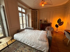 A bedroom with a bed, a chair, a desk, a fireplace, and a bookshelf. - Le Bovary - Charming studio on the château side (Vendôme)