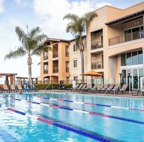 A swimming pool with lane dividers, lounge chairs, and palm trees.