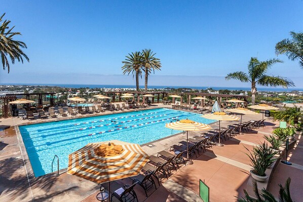 A swimming pool with lounge chairs and umbrellas, surrounded by palm trees and a view of the ocean.