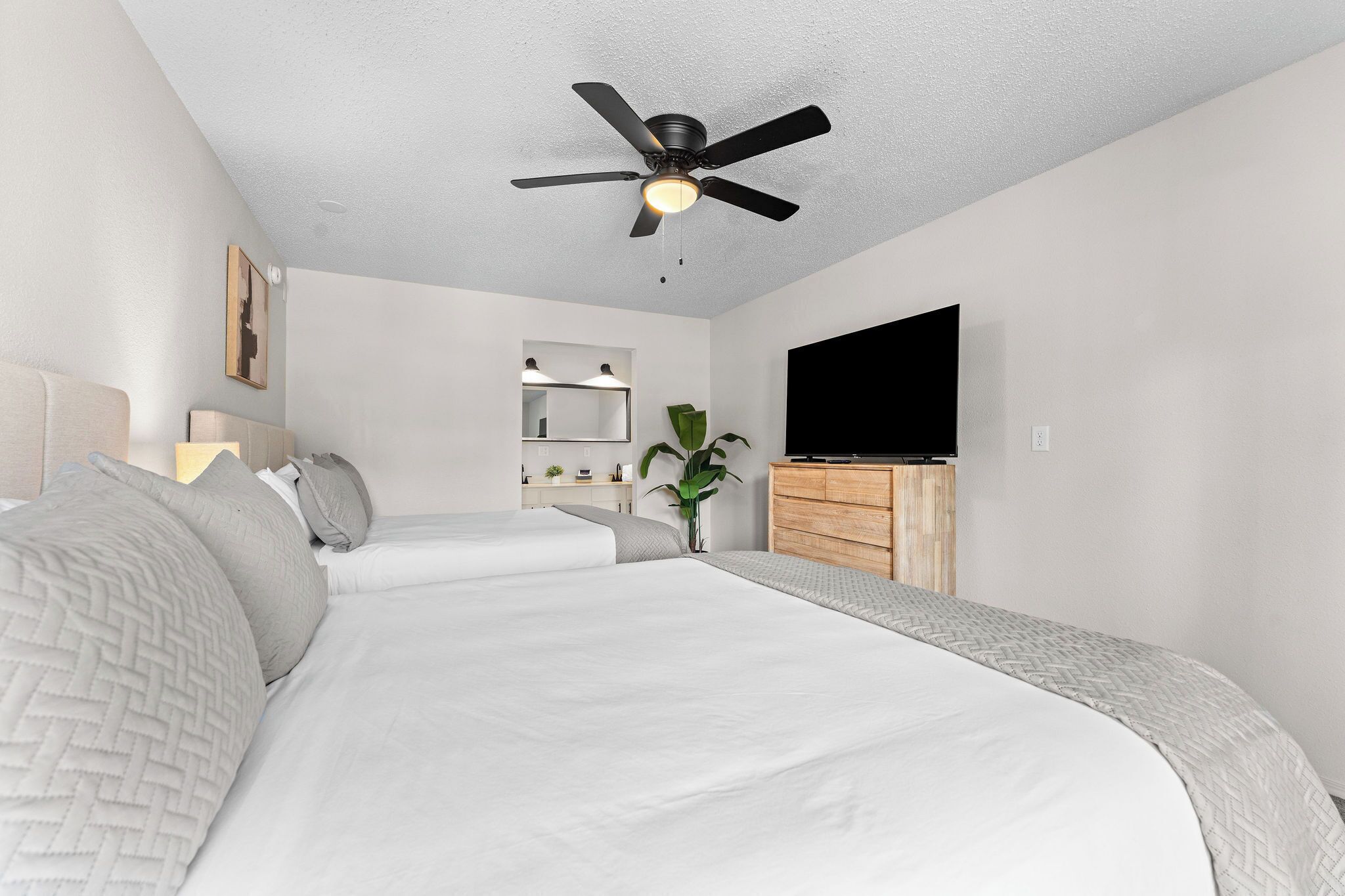 Quarto com uma cama, ventilador de teto, televisão e uma planta.