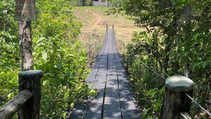 Uma ponte de madeira leva a uma casa com telhado vermelho, rodeada por vegetação.